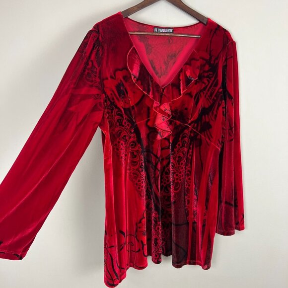 The Pyramid Collection Tunic Top Womens XL Red Velvet Ruffle Floral Long Sleeve - Picture 9 of 9